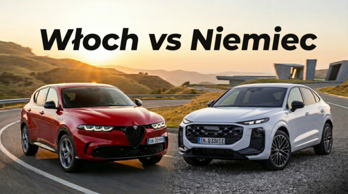 Alfa Romeo Tonale PHEV w kolorze czerwonym i Audi Q3 e-hybrid w kolorze białym — Alfa Romeo Tonale vs Audi Q3 2026 porównanie hybryd PHEV