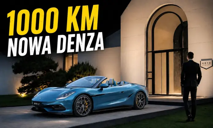 Denza Z cabrio przed nowoczesnym budynkiem premium. Elektryczne auto BYD o mocy 1000 KM. Foto wygenerowane przez AI na podstawie materiałów prasowych producenta