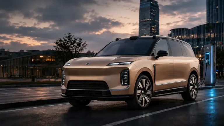 NIO ES9 2026 podłączone do szybkiej ładowarki w mieście – napis "Chiński kolos 900V"