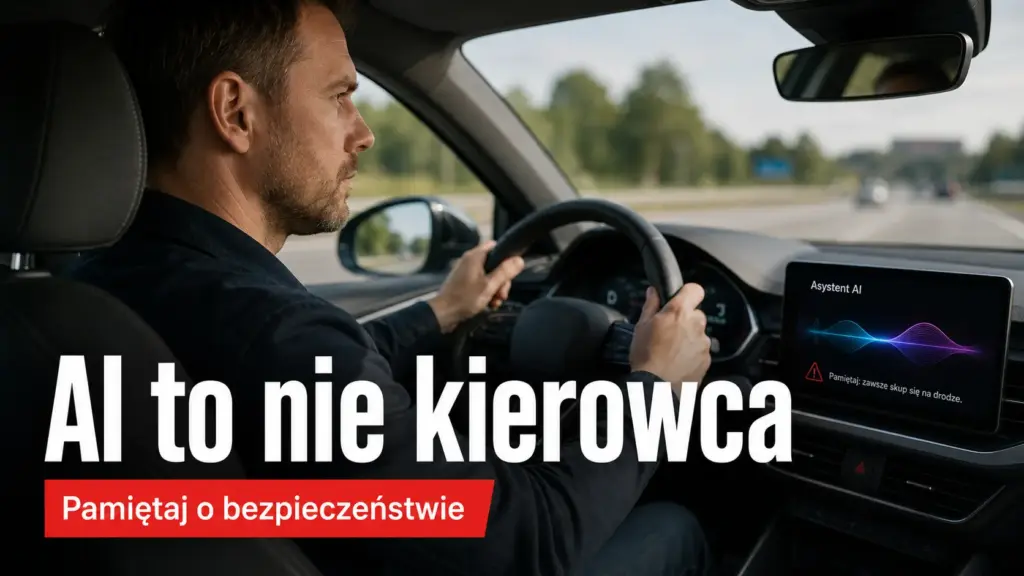 Kierowca trzymający kierownicę, na ekranie samochodu ostrzeżenie o konieczności skupienia się na drodze podczas używania AI.