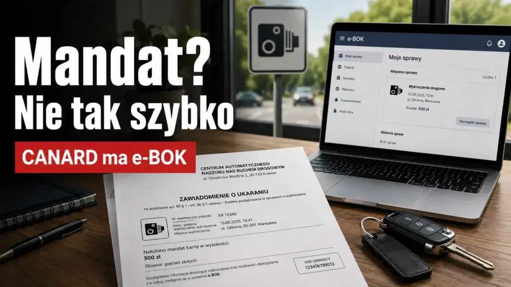 Pismo z CANARD, laptop z systemem e-BOK i kluczyki samochodowe na biurku