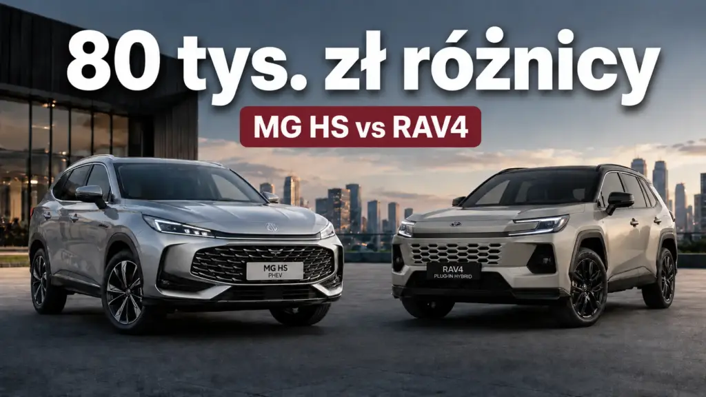 Porównanie MG HS i Toyoty RAV4 z napisem 80 tys. zł różnicy.