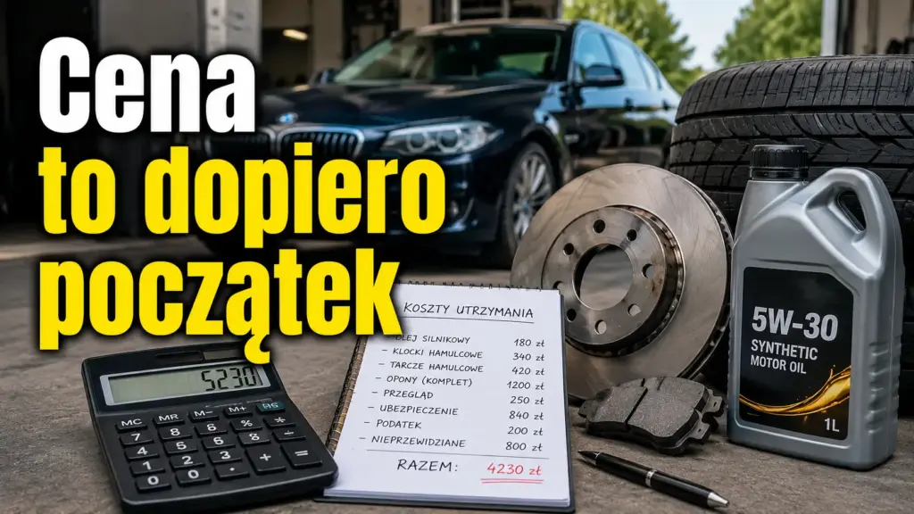 Na co zwrócić uwagę przy zakupie auta używanego? Checklista kontrolna na podkładce z długopisem leżąca na masce samochodu, obok ręka trzymająca plik banknotów euro (50, 20, 10).