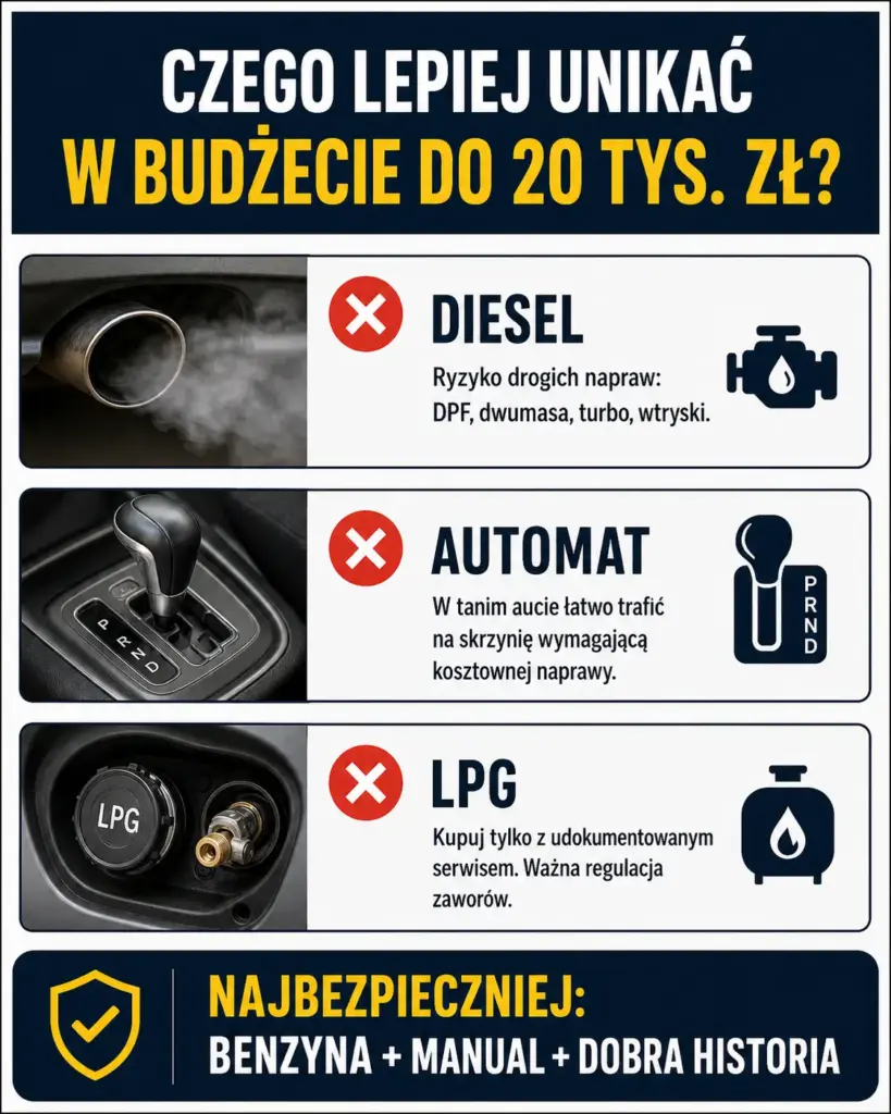 Infografika ostrzegająca przed zakupem tanich diesli, automatycznych skrzyń biegów oraz instalacji LPG bez dokumentacji w budżecie do 20 tys. zł.