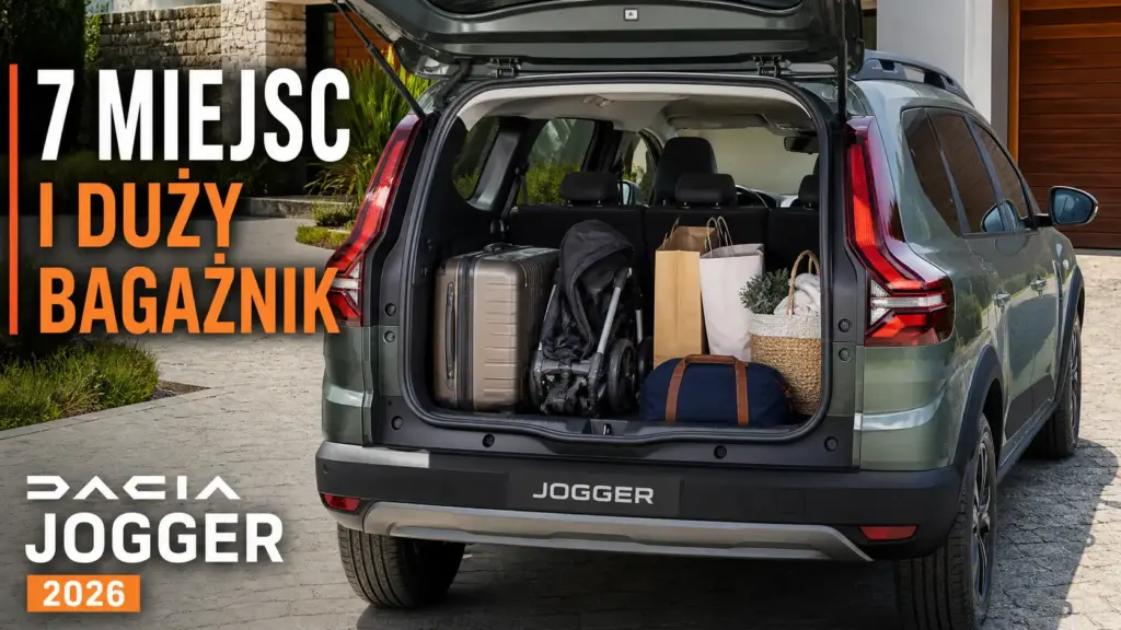 Dacia Jogger 2026 z otwartym bagażnikiem, walizkami i wózkiem dziecięcym