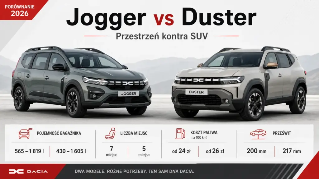 Dacia Jogger vs Dacia Duster 2026 – porównanie bagażnika, miejsc, kosztów paliwa i prześwitu