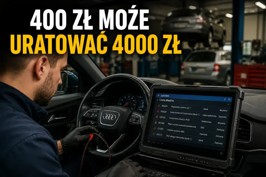 Mechanik podłączający komputer diagnostyczny do Audi, na ekranie widoczna lista aktywnych błędów silnika, układu wydechowego i systemów bezpieczeństwa.