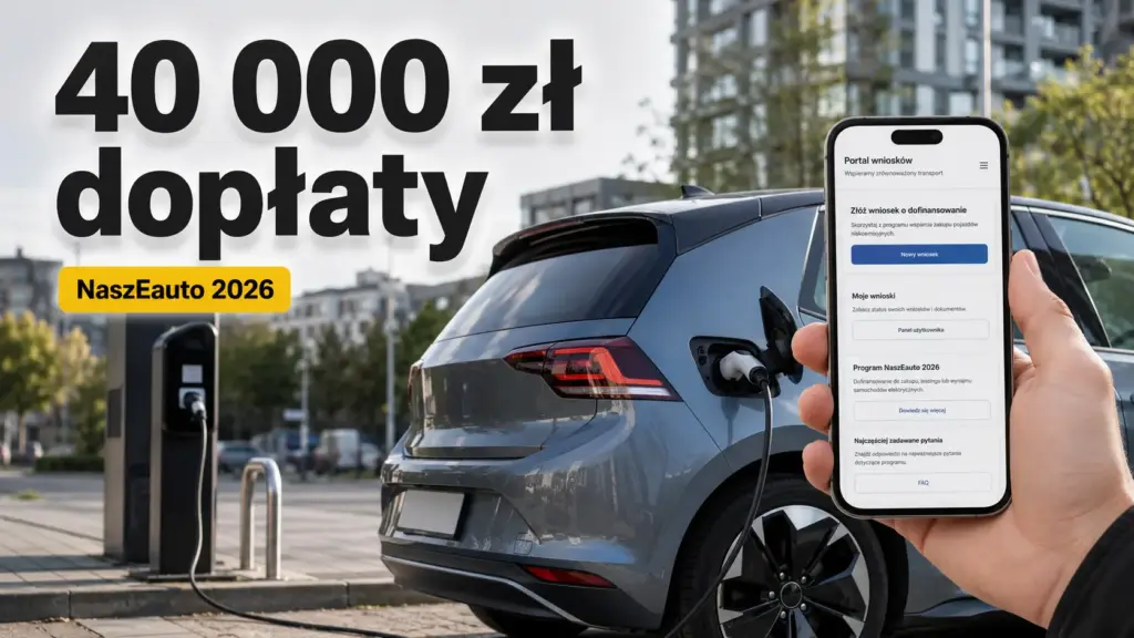 Dopłaty do elektryków 2026. Ekran smartfona z interfejsem portalu NaszEauto 2026 informujący o dopłacie 40 000 zł na tle ładowanego auta elektrycznego.