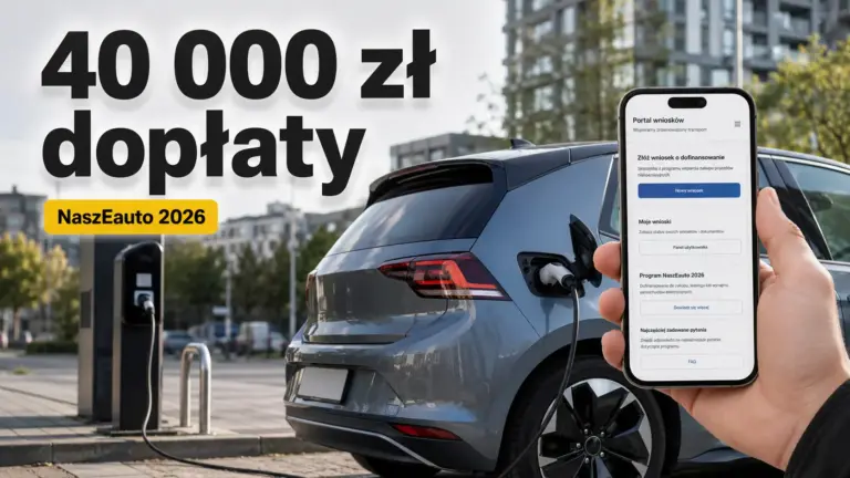 Dopłaty do elektryków 2026. Ekran smartfona z interfejsem portalu NaszEauto 2026 informujący o dopłacie 40 000 zł na tle ładowanego auta elektrycznego.