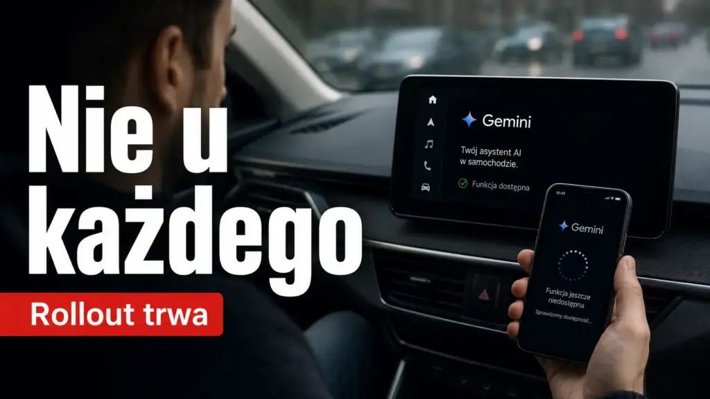 Widok na ekran samochodu z aktywnym Gemini oraz telefon informujący o etapowym wdrażaniu funkcji.