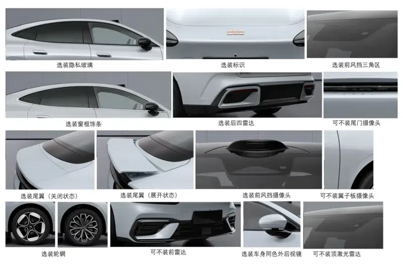 Zestawienie zdjęć detali Geely Galaxy TT z dokumentacji MIIT: felgi, kamery, aktywny spojler i czujniki LiDAR.