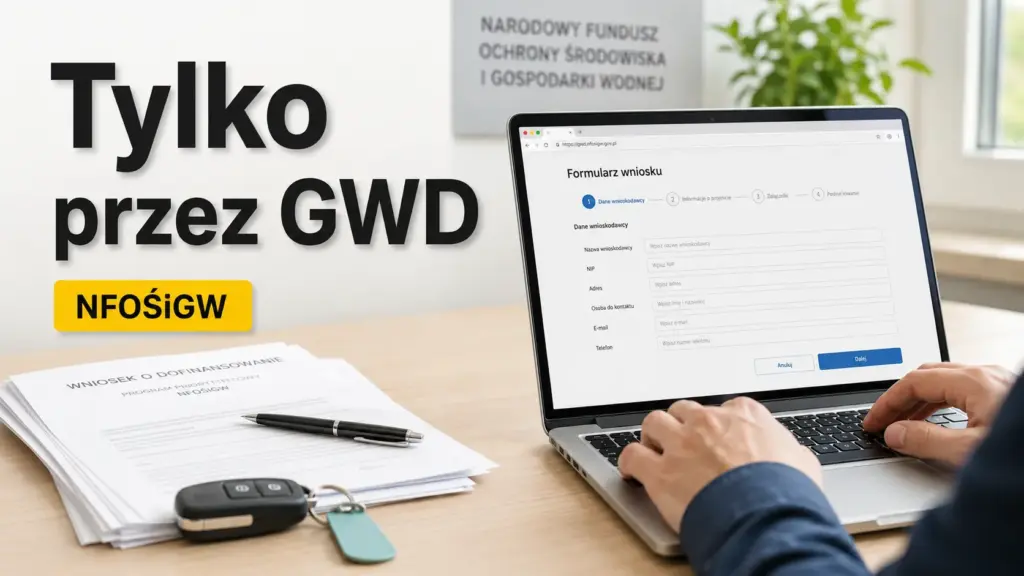 Osoba wypełniająca oficjalny formularz w Generatorze Wniosków o Dofinansowanie (GWD) na platformie NFOŚiGW.