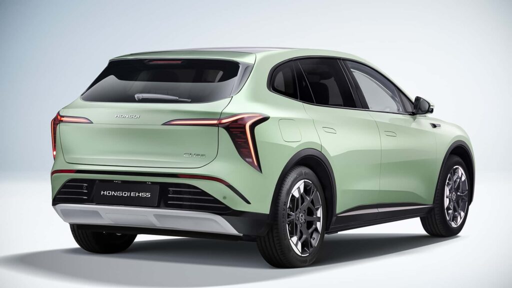 Tył elektrycznego SUV-a Hongqi E-HS5 w kolorze miętowym z nowoczesnym pasem świetlnym LED.
