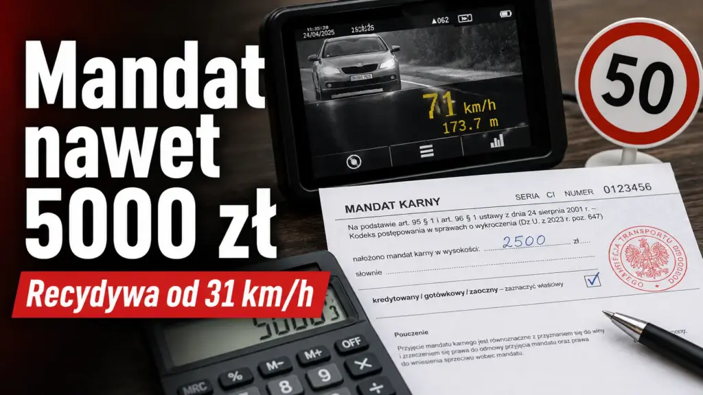 Mandat karny na kwotę 2500 zł obok kalkulatora wyświetlającego 5000 zł za recydywę.