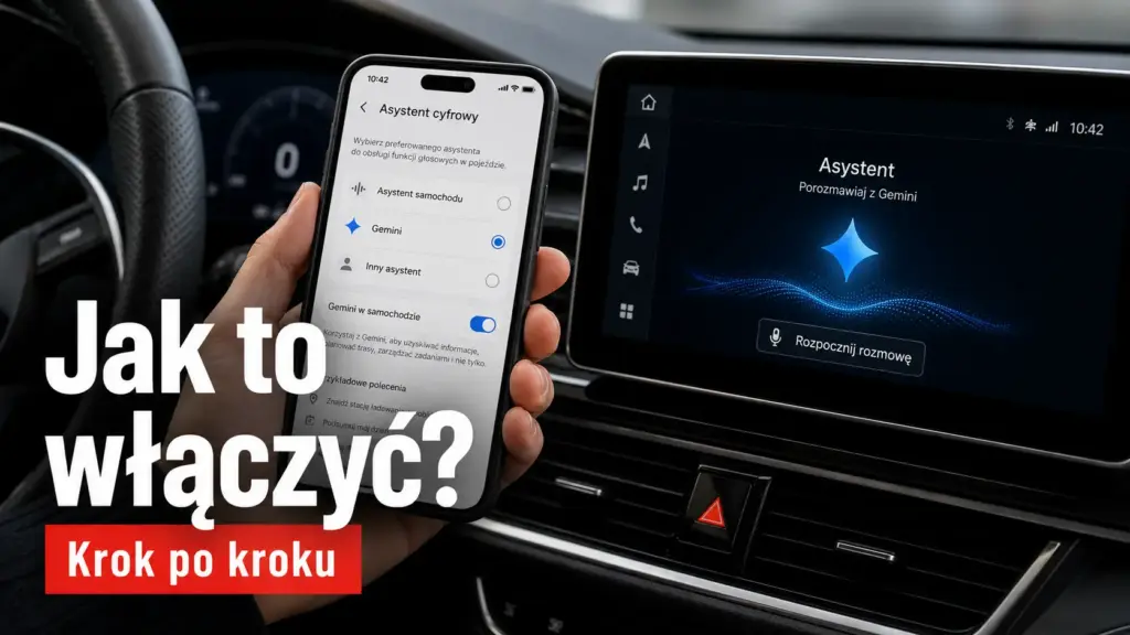 Gemini w Android Auto Smartfon z otwartymi ustawieniami asystenta cyfrowego Gemini obok ekranu samochodowego z logo Gemini.