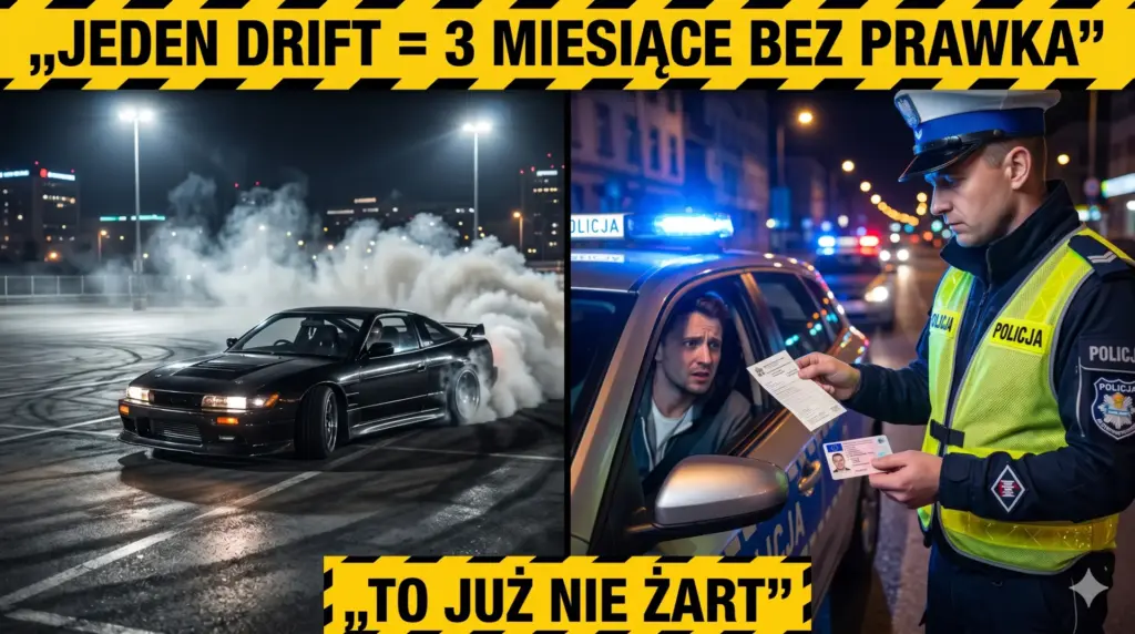 Porównanie: auto driftujące na parkingu oraz policjant zatrzymujący prawo jazdy kierowcy podczas nocnej kontroli.