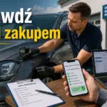 Kompleksowe sprawdzenie techniczne używanego auta przez ekspertów: pomiar grubości lakieru miernikiem i weryfikacja historii VIN na smartfonie.