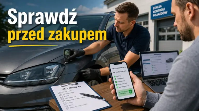 Kompleksowe sprawdzenie techniczne używanego auta przez ekspertów: pomiar grubości lakieru miernikiem i weryfikacja historii VIN na smartfonie.