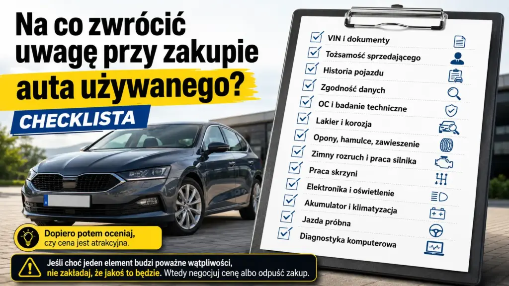 Graficzna checklista z zaznaczonymi punktami: VIN, lakier, opony, jazda próbna i diagnostyka.