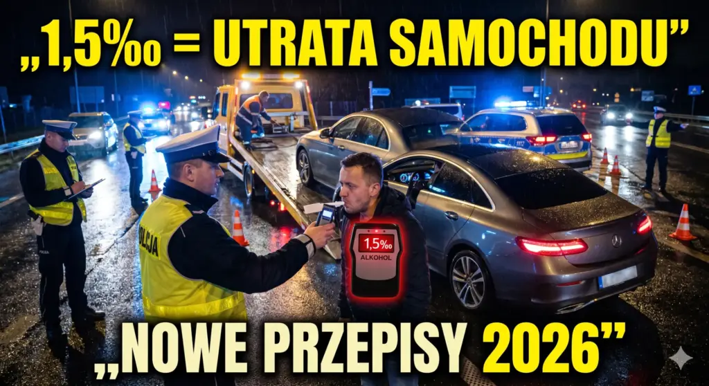 Nocna kontrola trzeźwości, wynik 1,5 promila na alkomacie i samochód wciągany na lawetę pomocy drogowej.