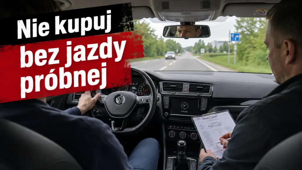 Dwie osoby w kabinie używanego Audi; kierowca trzyma kierownicę, pasażer obsługuje tablet wyświetlający cyfrowy zestaw wskaźników z informacją o zasięgu i paliwie.