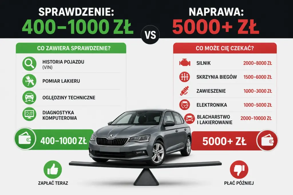 Infografika porównująca koszt profesjonalnego sprawdzenia auta (400–1000 zł) z potencjalnymi kosztami napraw silnika, skrzyni biegów i elektroniki przekraczającymi 5000 zł.