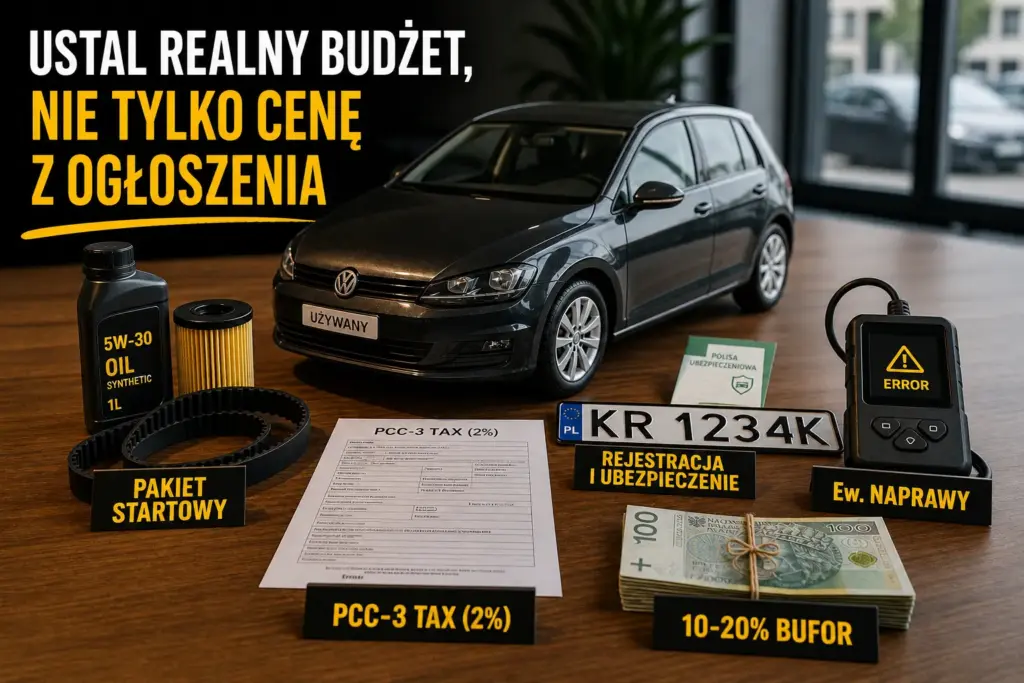 Infografika pokazująca realny budżet na auto: model samochodu, części serwisowe, formularz PCC-3, gotówka oraz napis "Ustal realny budżet".