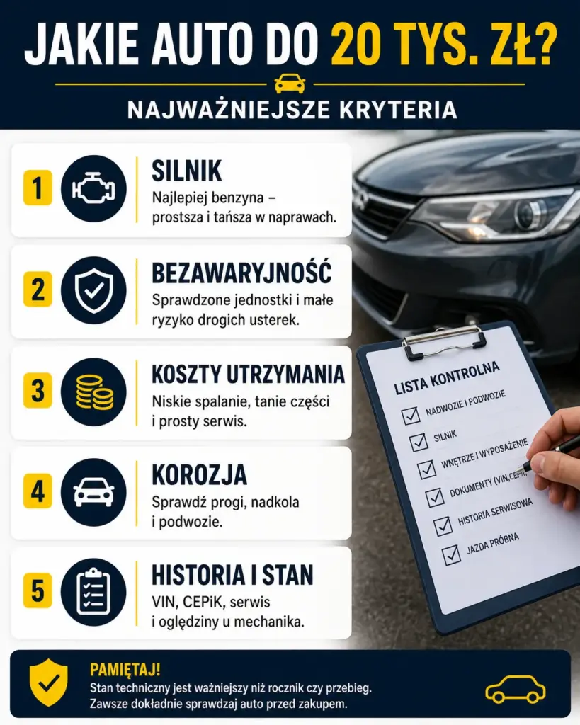 Lista kontrolna najważniejszych kryteriów zakupu auta do 20 tys. zł: silnik, bezawaryjność, koszty utrzymania, korozja oraz historia i stan techniczny.