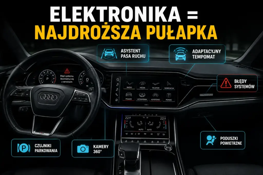 Wnętrze nowoczesnego samochodu z zaznaczonymi systemami asystującymi kierowcy (ADAS), kamerami 360 i radarami, oznaczonymi jako najdroższe elementy w naprawie.