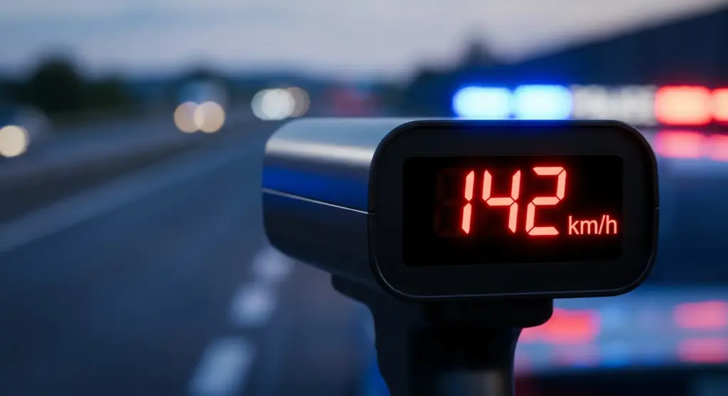 Zbliżenie na policyjny miernik prędkości z wynikiem kwalifikującym się na najwyższy mandat i recydywę.