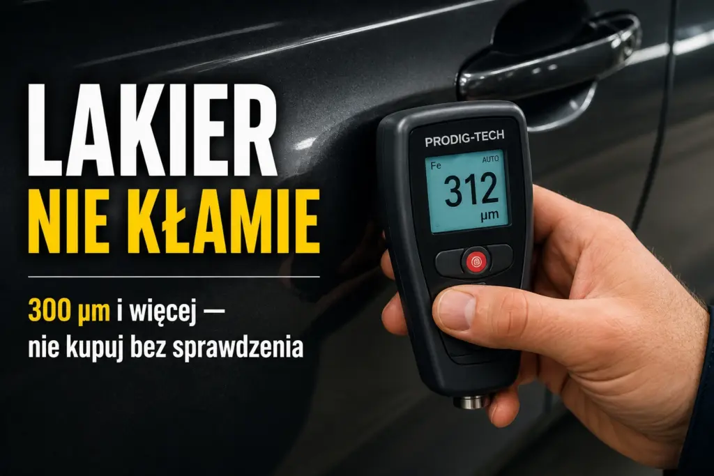 Miernik grubości lakieru pokazujący wynik 312 µm na czarnym nadwoziu samochodu.