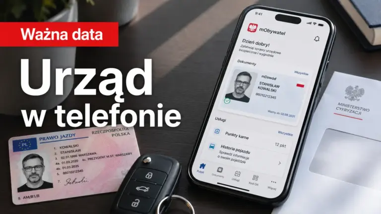 Smartfon z aplikacją mObywatel 2.0 obok prawa jazdy, kluczyków samochodowych i koperty urzędowej