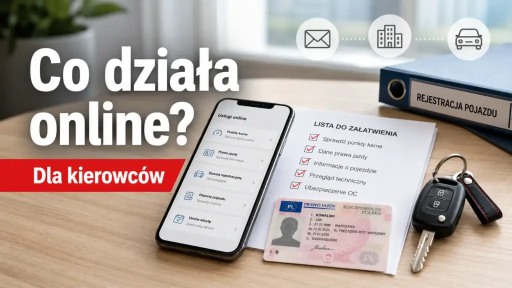 Smartfon z usługami online dla kierowców, lista spraw do załatwienia, prawo jazdy i kluczyki samochodowe