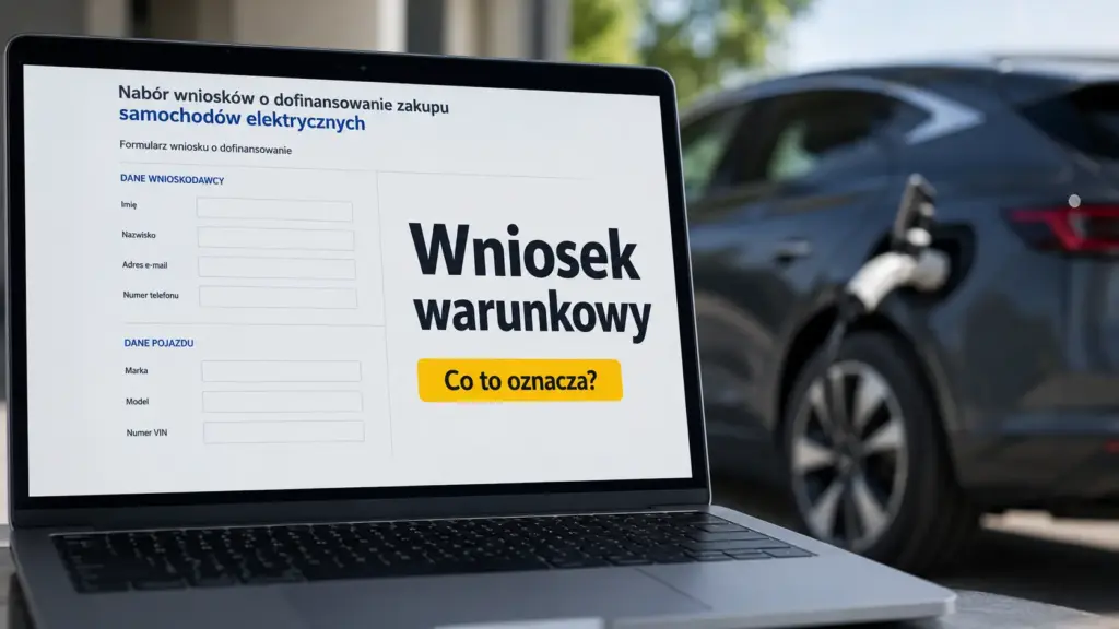 Formularz "Wniosek warunkowy" w programie dopłat do samochodów elektrycznych wyświetlony na ekranie laptopa.