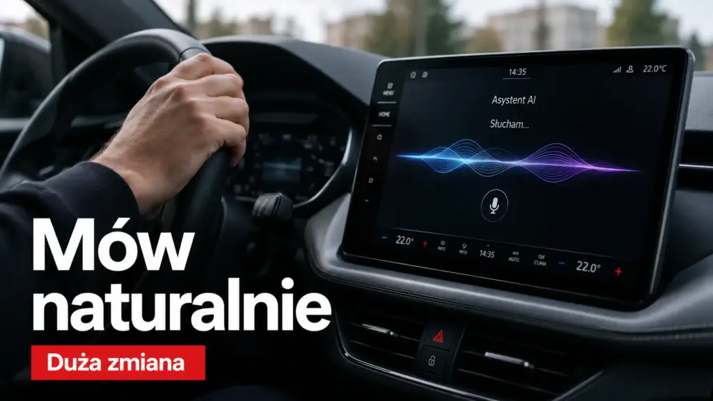 Gemini w Android Auto Zbliżenie na dłoń kierowcy na kierownicy i ekran systemu Android Auto z wizualizacją fali dźwiękowej asystenta Gemini.