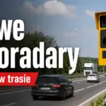 Nowoczesny żółty fotoradar stacjonarny przy drodze ekspresowej S7 w Polsce.