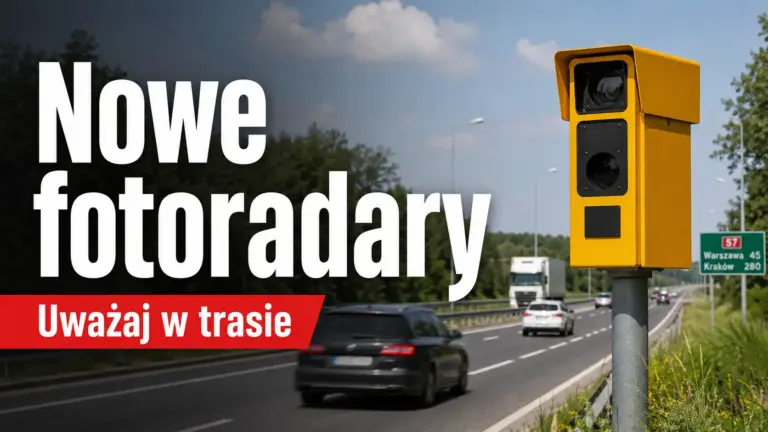 Nowoczesny żółty fotoradar stacjonarny przy drodze ekspresowej S7 w Polsce.