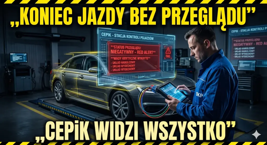 Mechanik w stacji kontroli pojazdów SKP sprawdza stan techniczny auta, na cyfrowym wyświetlaczu widoczny status negatywny z bazy CEPiK.