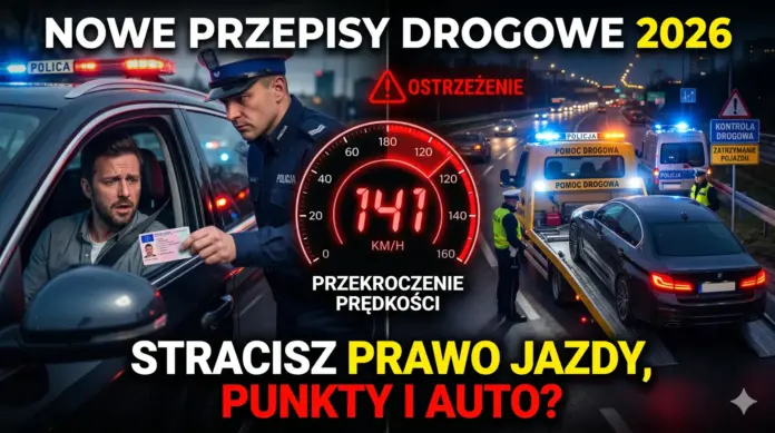 Kolaż informacyjny o nowych przepisach drogowych 2026: kontrola policji, laweta i przekroczenie prędkości.