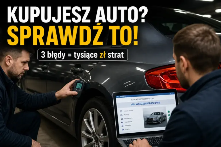 Dwaj mężczyźni podczas sprawdzania stanu technicznego i blacharskiego używanego samochodu za pomocą miernika lakieru i raportu historii.
