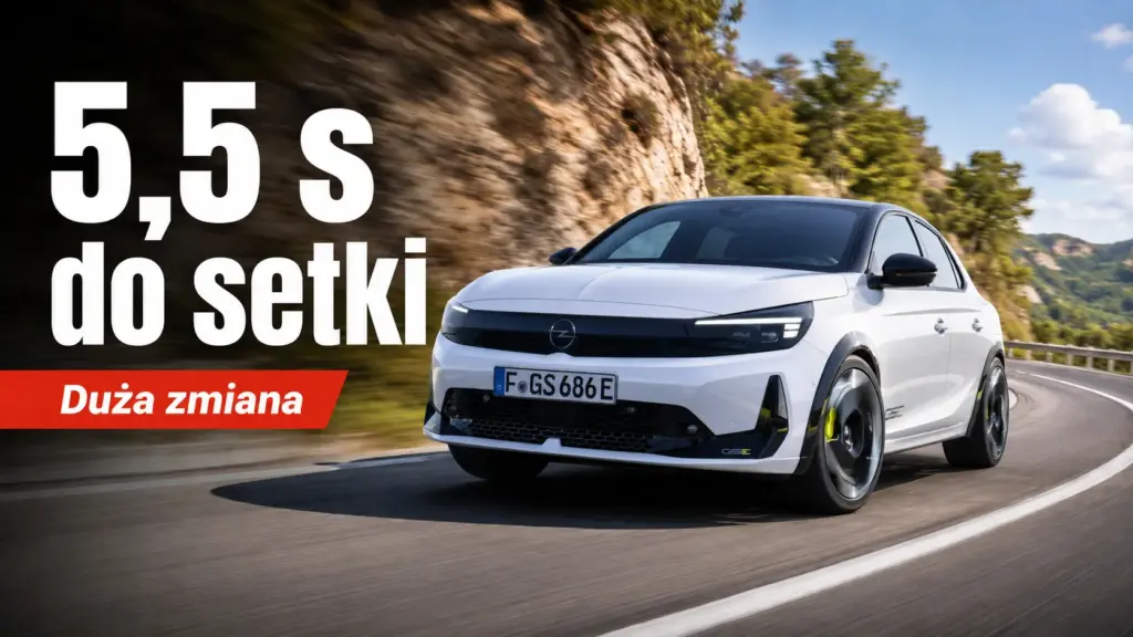 opel corsa gse przyspieszenie 0 100 Biały Opel Corsa GSE jadący dynamicznie po górskiej drodze, napis 5,5 s do setki.