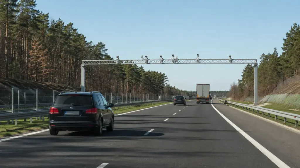 Samochody przejeżdżające pod bramownicą odcinkowego pomiaru prędkości na trasie A6. Mandaty z A6