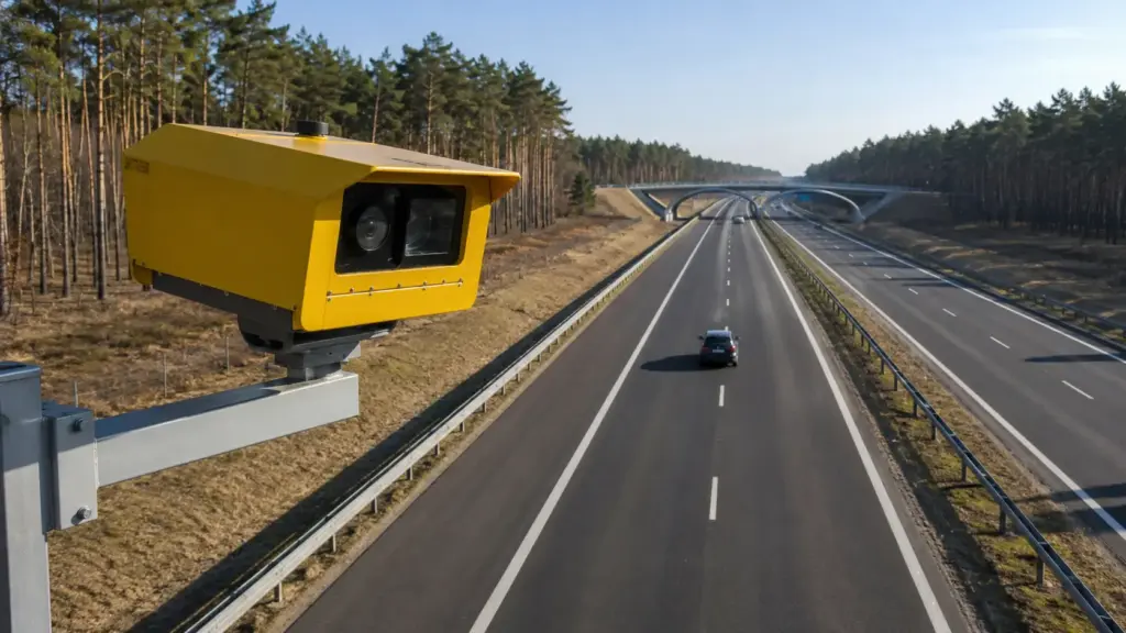 Samochody przejeżdżające pod bramownicą odcinkowego pomiaru prędkości na trasie A6. Mandaty z A6