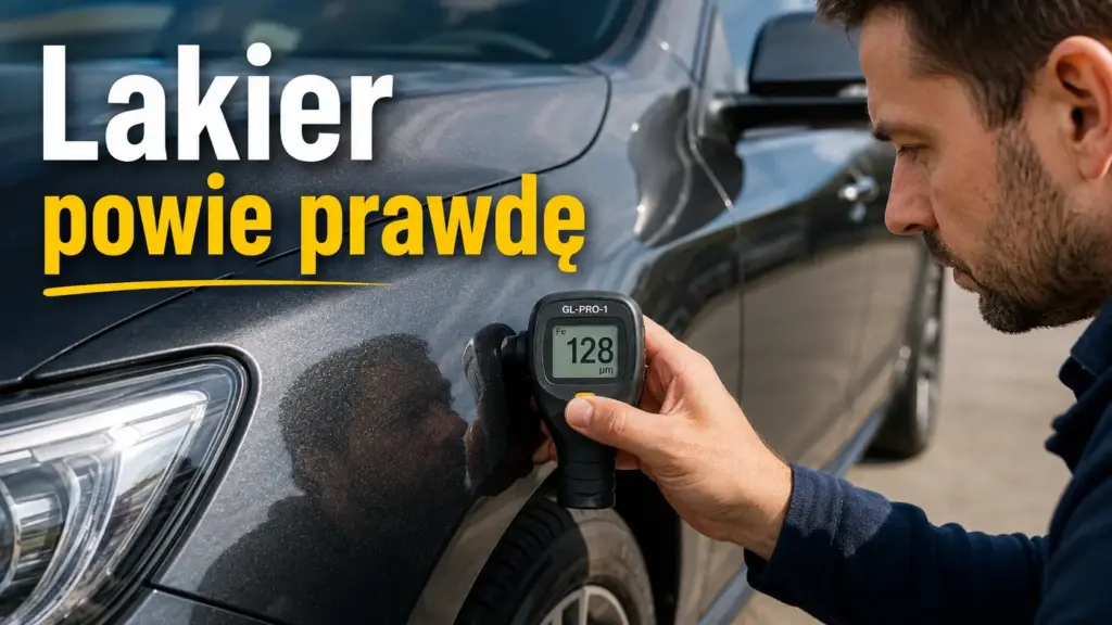 Zbliżenie na cyfrowy miernik grubości lakieru wskazujący 128 μm na błotniku szarego samochodu używanego, trzymany przez osobę w ręce.
