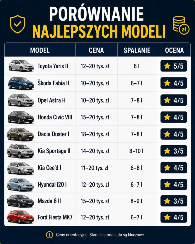 Tabela porównująca 10 najlepszych samochodów używanych do 20 tys. zł w 2026 roku, zawierająca dane o cenie, spalaniu i ocenach dla modeli takich jak Toyota Yaris II czy Honda Civic VIII.