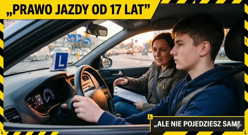 Młody kierowca prowadzi samochód pod okiem dorosłego opiekuna, na desce rozdzielczej widoczny symbol „L”.