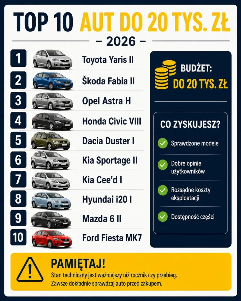 Ranking TOP 10 samochodów do 20 tysięcy złotych w 2026 roku, w tym Skoda Fabia II, Opel Astra H i Dacia Duster I.
