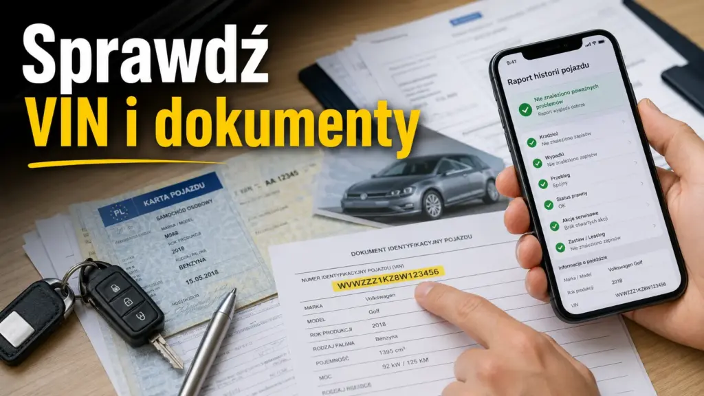 Na co zwrócić uwagę przy zakupie auta używanego? Zbliżenie na smartfona wyświetlającego raport historii pojazdu z zielonymi ptaszkami potwierdzającymi zweryfikowany przebieg i brak wypadków.