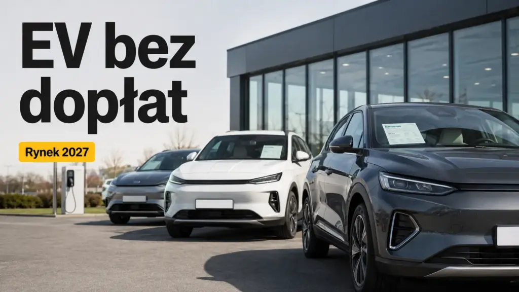 Dopłaty do elektryków 2026. Szereg nowych samochodów elektrycznych przed salonem dealerskim z grafiką informującą o rynku bez dopłat w 2027 roku.