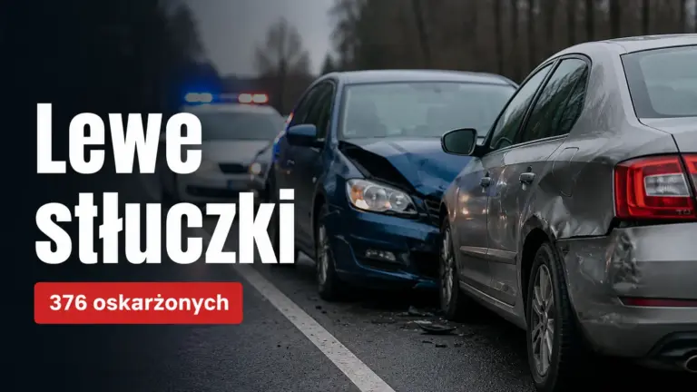 Grafika przedstawiająca zderzenie dwóch aut i napis Lewe stłuczki 376 oskarżonych. wyłudzenia odszkodowań komunikacyjnych.